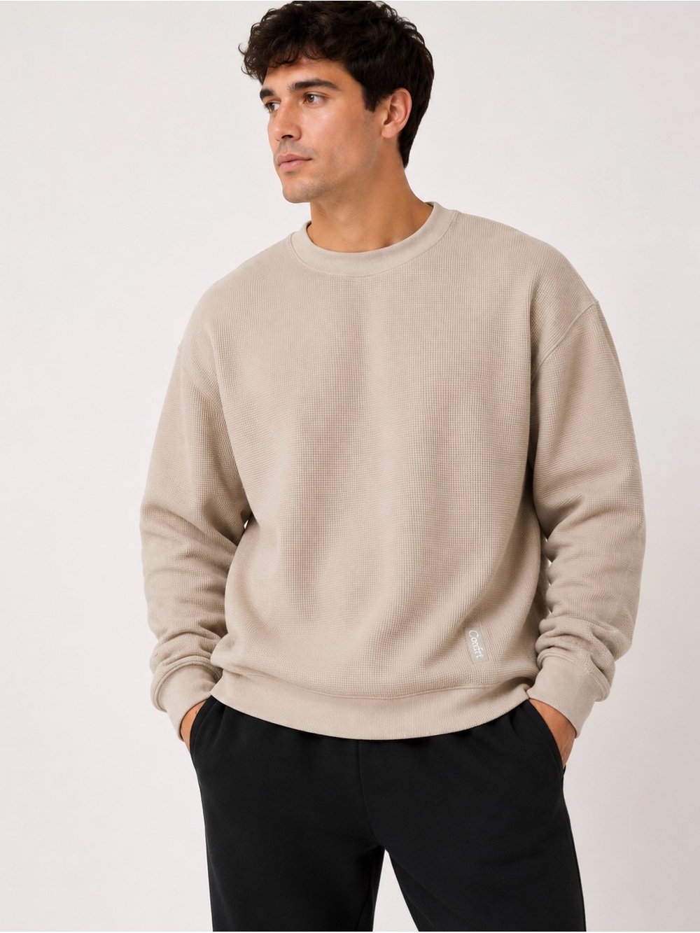 Comfrt Thermal Sweatshirt 2XL Beige Waffle Knit Crewneck Oversized Pullover
